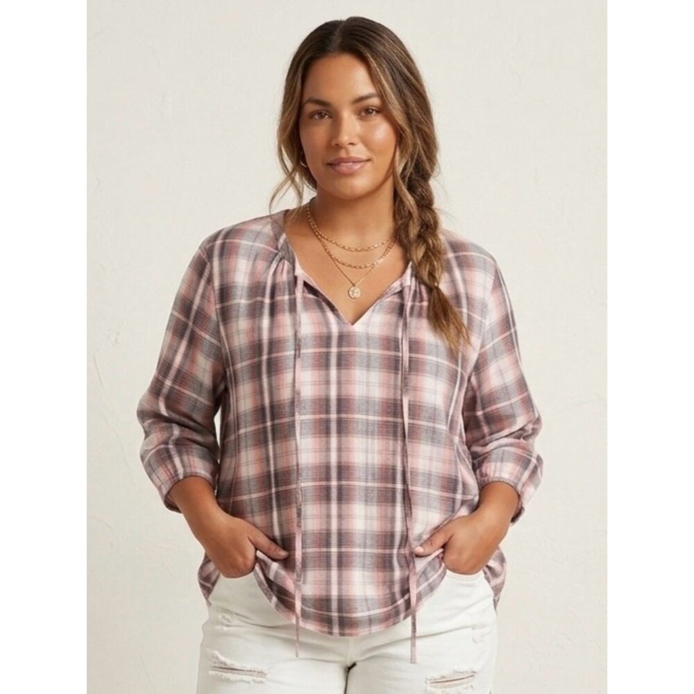 North River Cotton Plaid 3/4-Sleeve Blouse in Mauve/White Coastal Boho SZ 2X